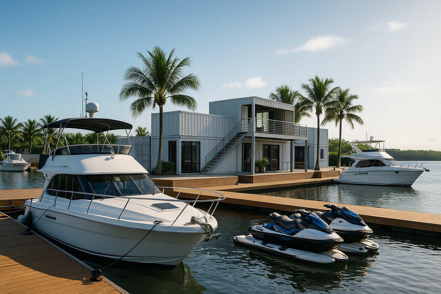 Complexo de marina com barcos e jetskis