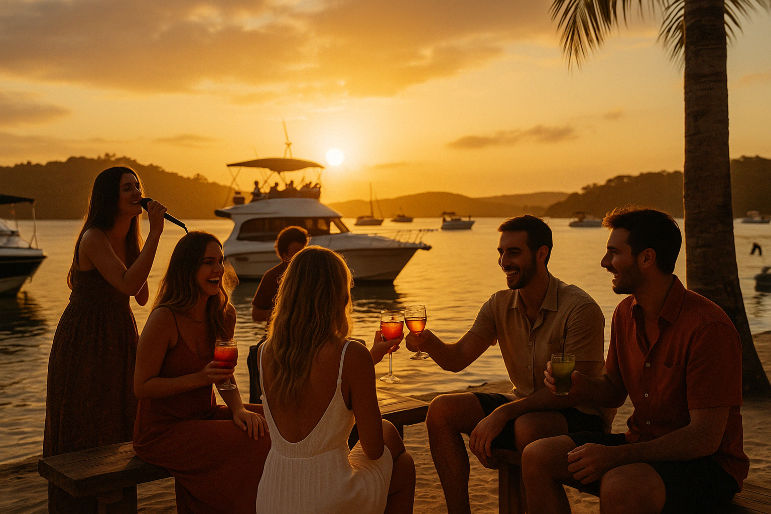Celebração ao pôr do sol na marina